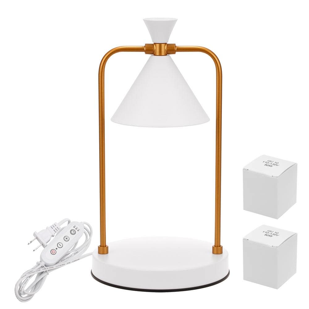 YANSUN 12.8 in 1-Light Metal Vintage White Candle Warmer Table Lamp with Timer, Dimmable Switch(G10 Halogen Bulbs Included)