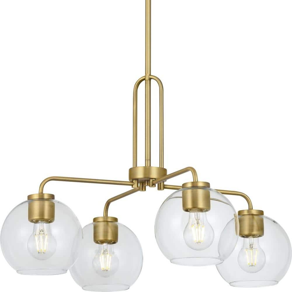 Progress Lighting Mitchella 24 in. 4-Light Vintage Brass Chandelier with Clear Glass Globe Shades