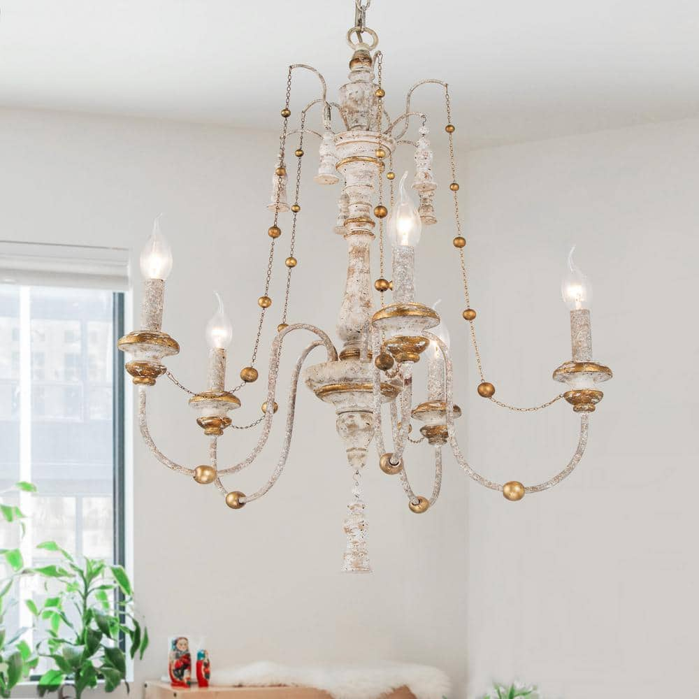 LNC Vintage Weathered Wood Empire Chandelier, Classic 5-Light French Country Gold Beads Hanging Lighting for Dining Room