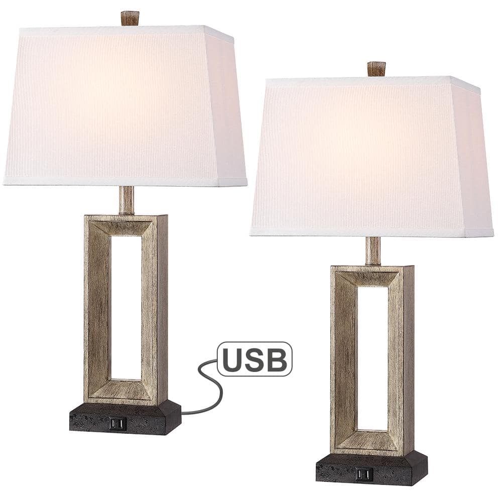 TRUE FINE 27.4 in. Bronze and Wood Tone Table Lamp with Double USB Port and White Linen Shade (Set of 2)