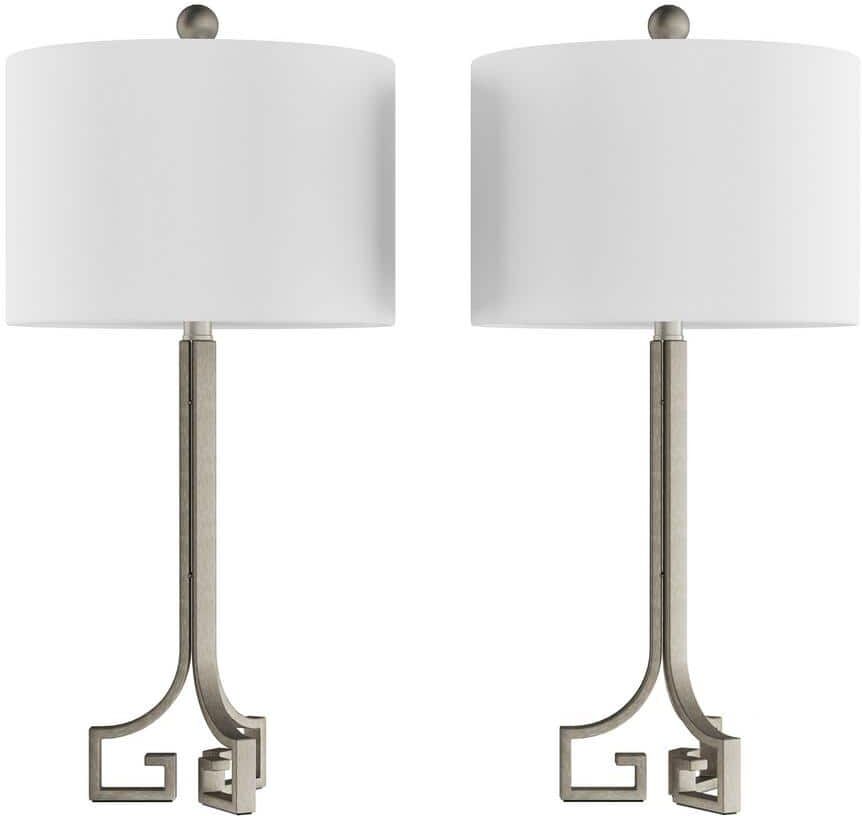 Lavish Home 28.75 in. Antique Silver Greek Key Design LED Table Lamps with Ivory Shades (Set of 2)