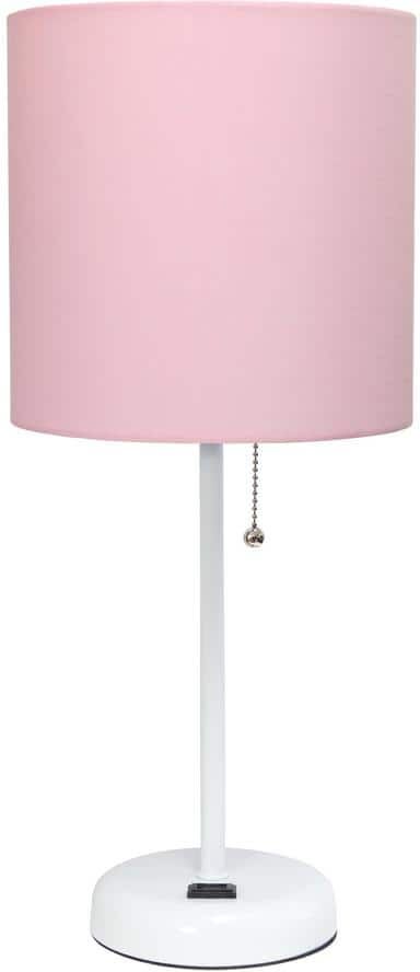 LimeLights 19.5 in White and Pink Stick Lamp with Charging Outlet and Fabric Shade