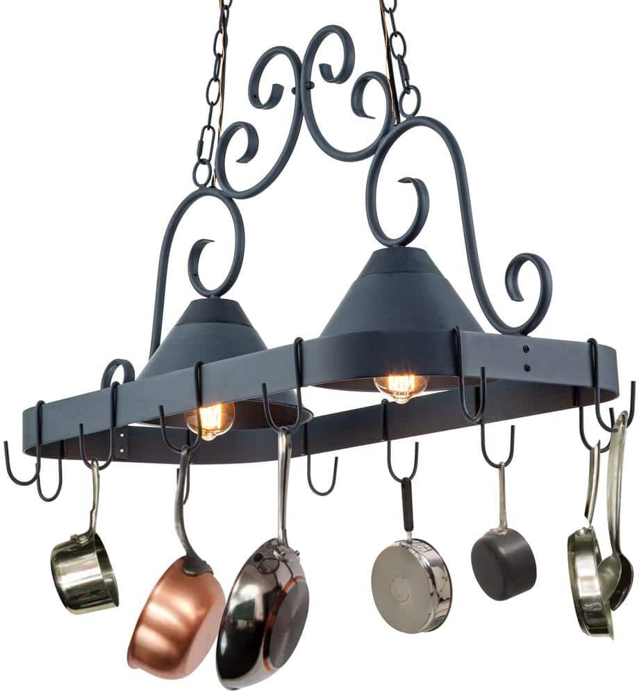 C Cattleya 2-Light Antique Zinc Pot Rack Kitchen Island Chandelier