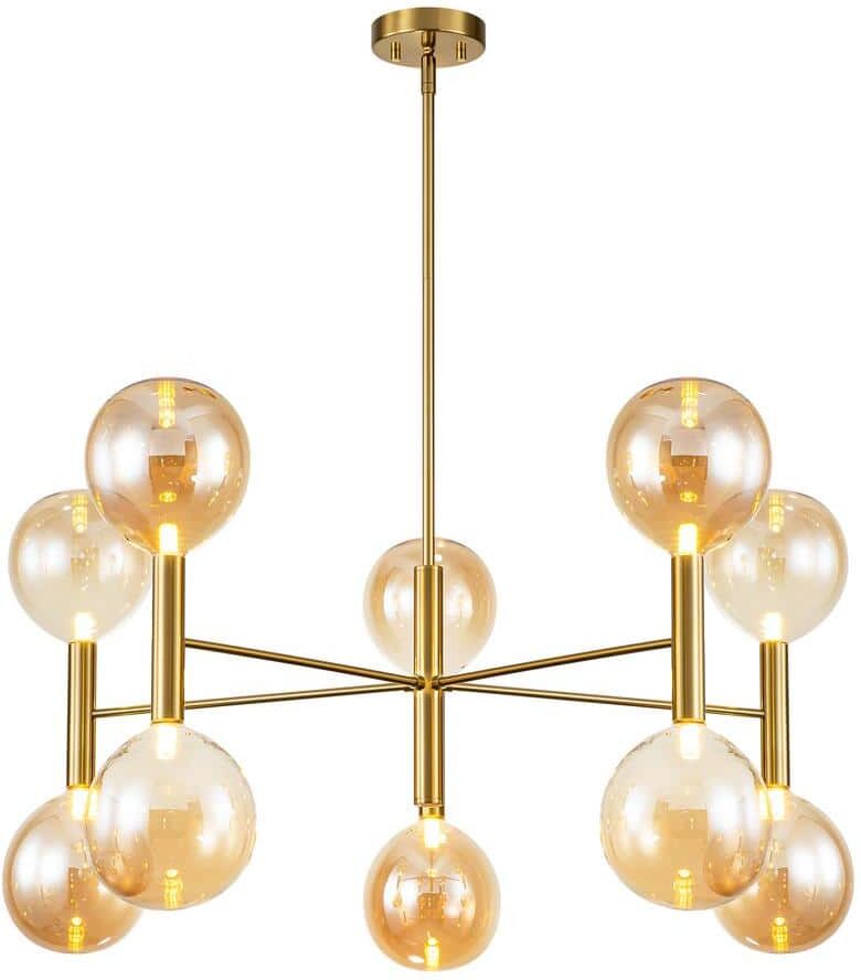 RRTYO Everitt 10-Light Brass Mid-Century Dining Room Chandelier Amber Glass Globe Sputnik Vintage Chandelier