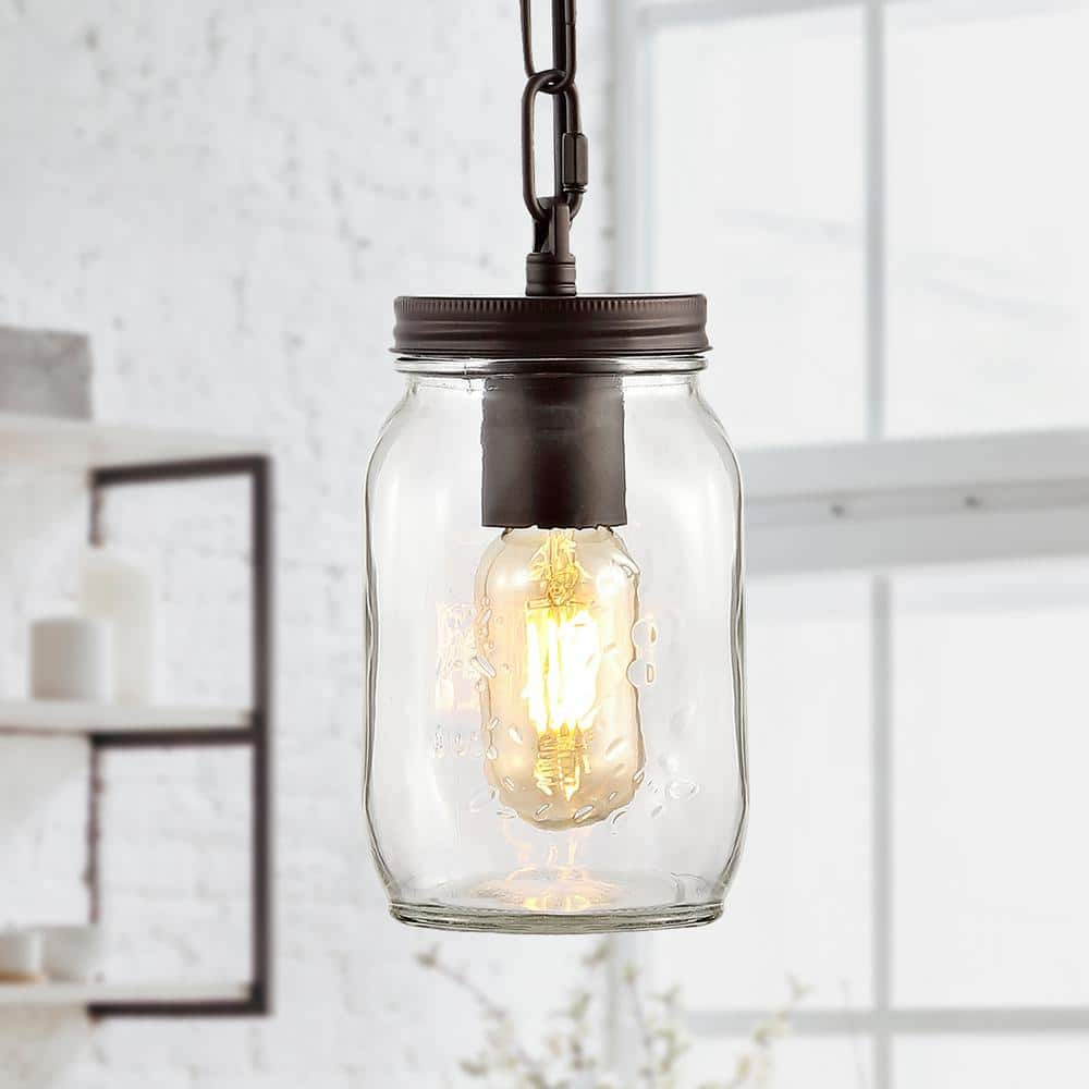 JONATHAN Y Gaines 5.5 in. 1-Light Farmhouse Industrial Iron Mason Jar LED Pendant, Oil Rubbed Bronze/Clear