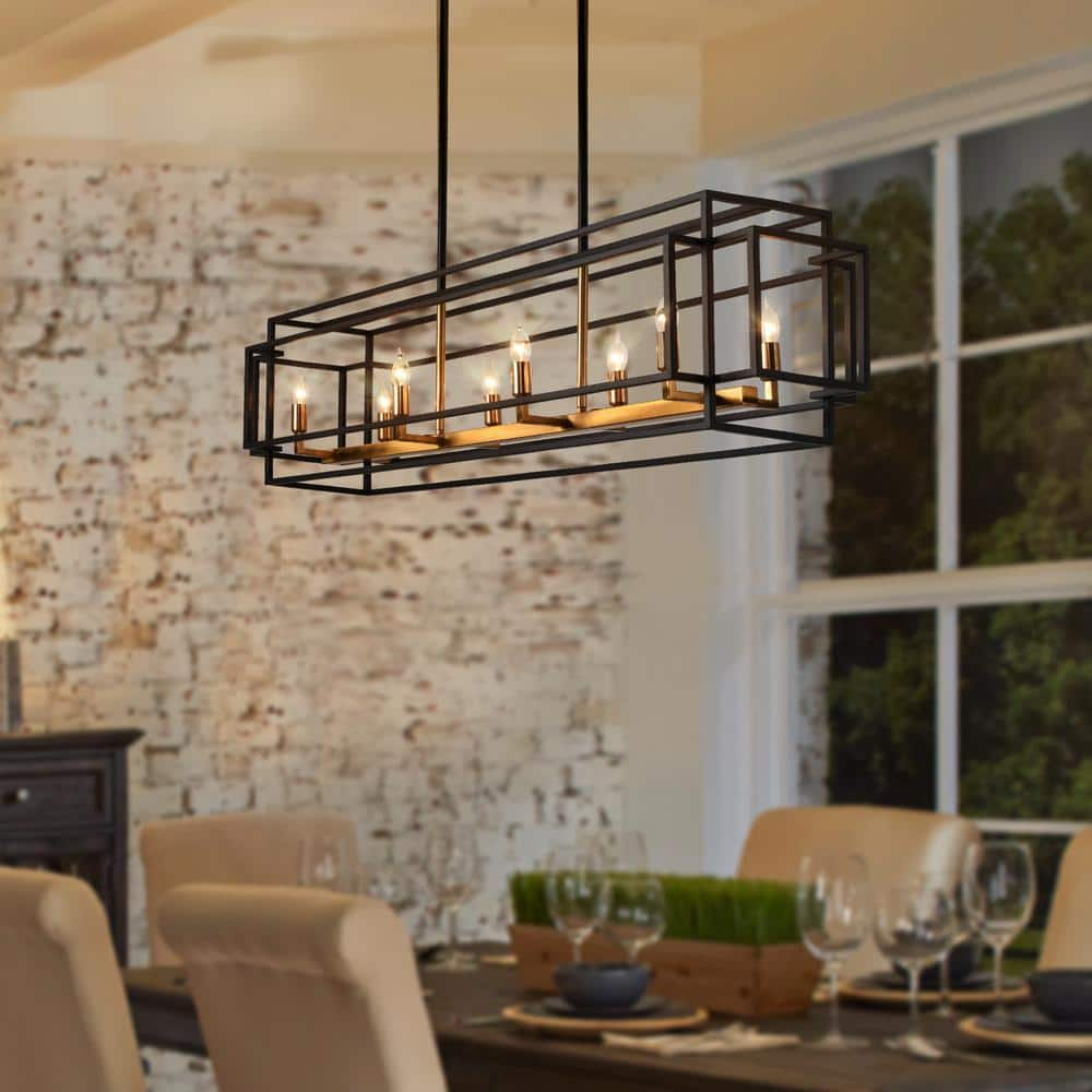 Magic Home 8-Light Kitchen Island Linear Chandelier Black and Gold Pendant Light Fixture for Dining Room, Living Kitchen Entryway