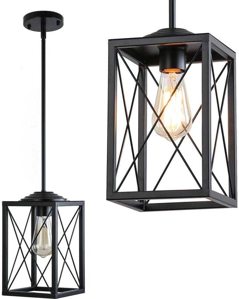 YANSUN 1-Light Modern Black Kitchen Island Pendant Light with Metal Cage,Industrial Pendant for Cafe Bar Dining Table