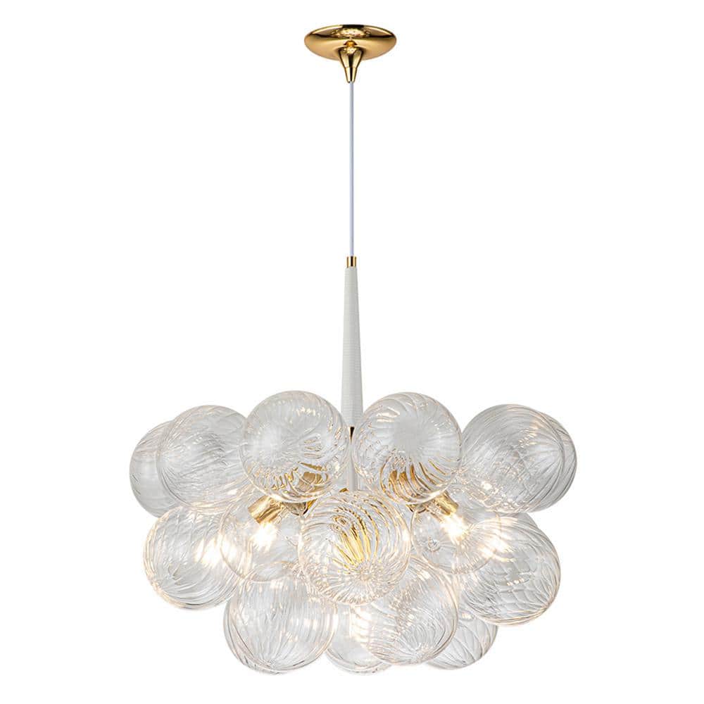 HUOKU Neuvy 24.9 in. W 6-Light White and Glod Unique Crystal Cluster Bubble Chandelier with Swirled Glass for Dining/Living