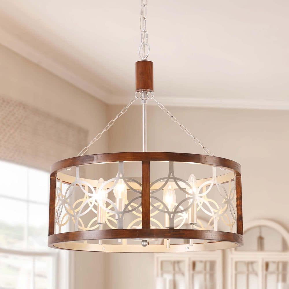 Oaks Aura Bloomfield French Country Farmhouse 4-Light Chrome Wood Drum Rustic Chandelier