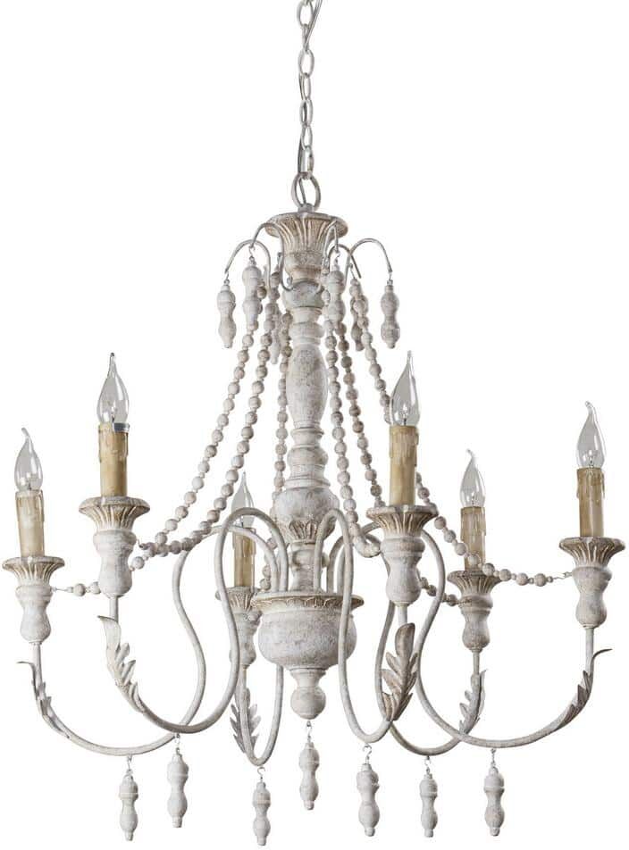 Flint GARDEN Farmhouse 6-Light Distressed White Chandelier with Wood Beaded for Living Room, Dining Room