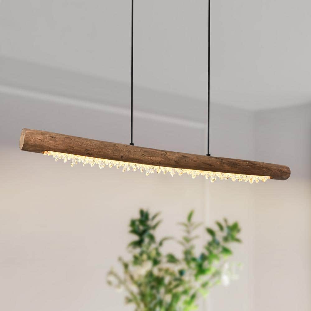 GoYeel 15-Watt 1-Light Natural Wood Farmhouse Linear Crystal Integrated LED Pendant Light Wood Hanging Kitchen Island Light