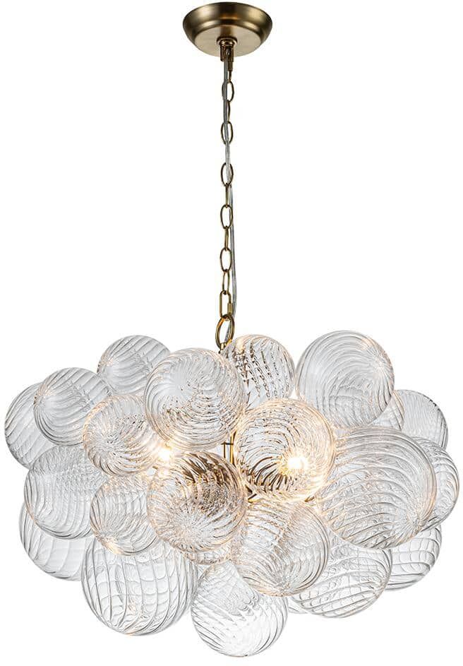 HUOKU Neuvy 24 in. W 3-Light Brass Bubble, Crystal Cluster, Globe Chandelier with Swirled Glass Shades for Dining Room