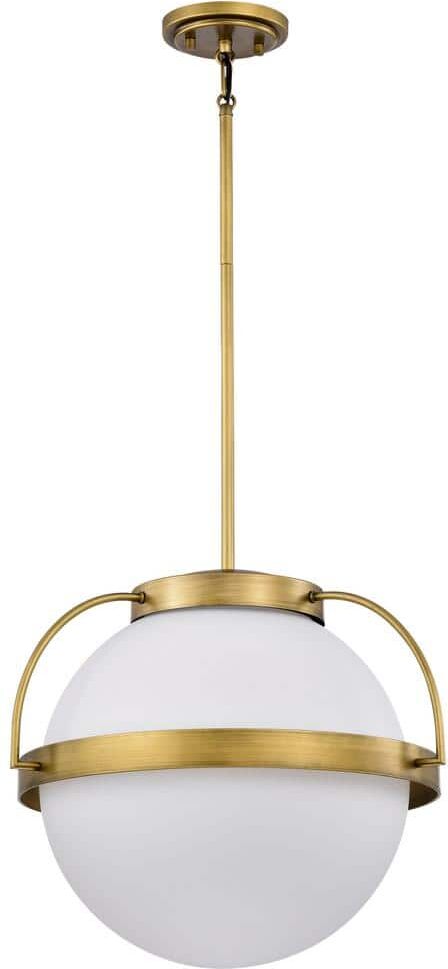 SATCO Lakeshore 60-Watt 1-Light Natural Brass Shaded Pendant Light with White Opal Glass Shade and No Bulbs Included