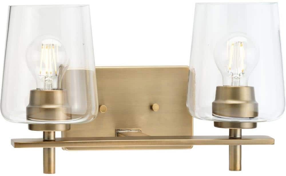 Progress Lighting Calais 14.62 in. 2-Light Vintage Brass Vanity Light with Clear Glass Shades New Traditional for Bath and Vanity