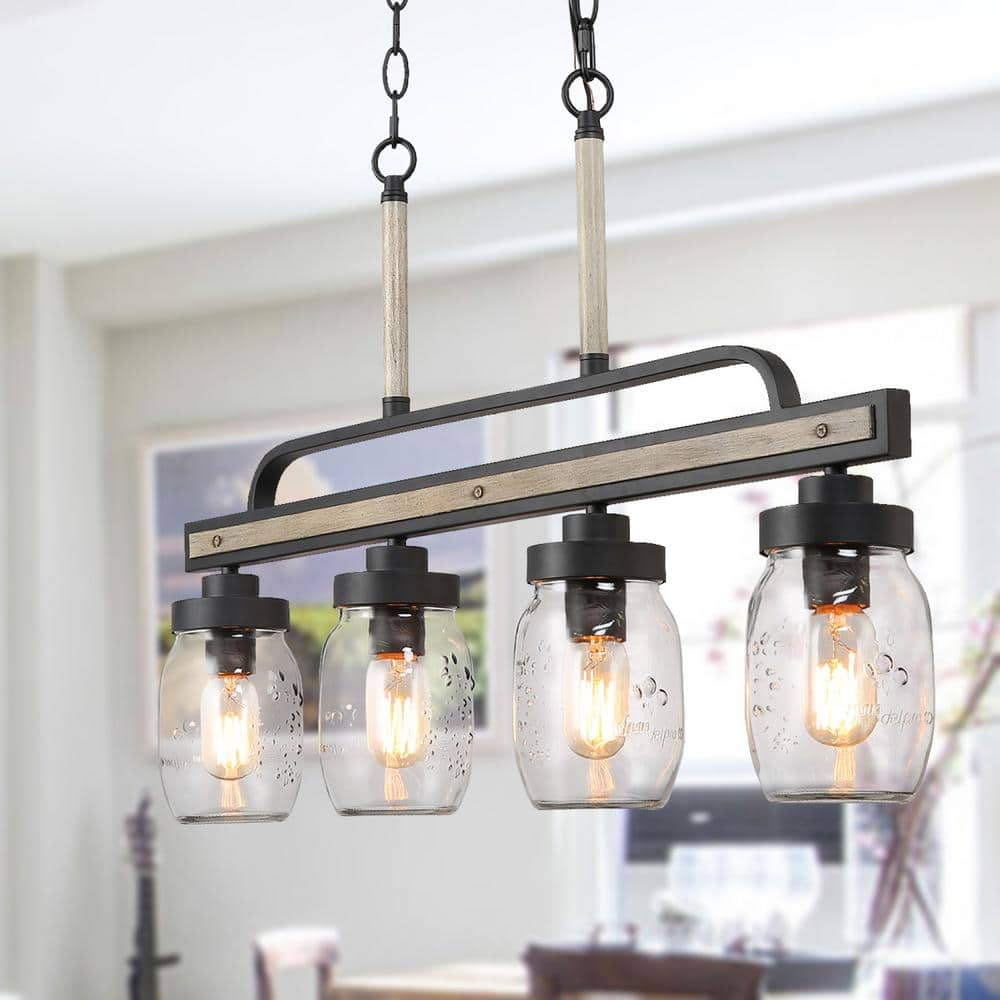 LNC Modern Farmhouse Greyish Black 4-Light Linear Chandelier with Faux Wood Accent Island Pendant with Mason Jar Glass Shade