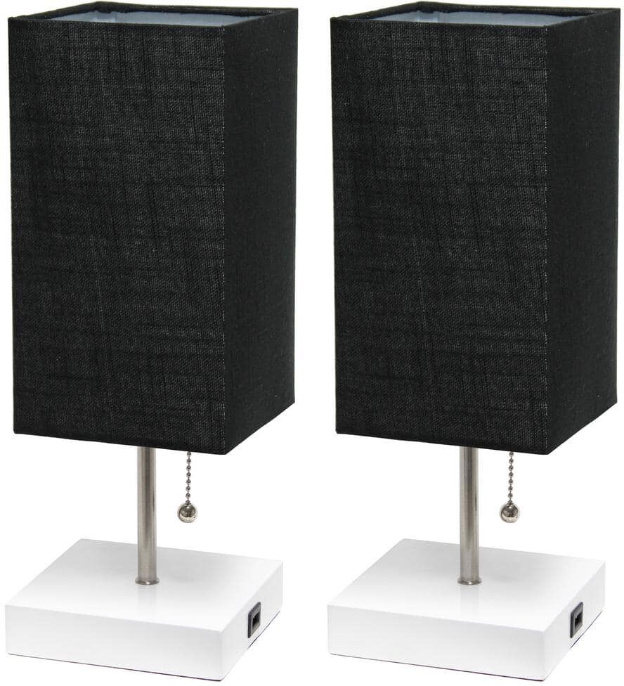 Simple Designs 14.25 in. White Petite Stick Lamp with USB Charging Port and Black Fabric Shade Set (2-Pack)