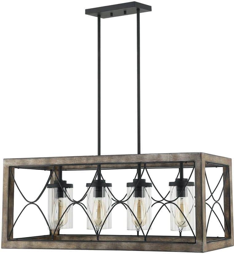 Flint GARDEN 4-Light Matte Black and Antique Wood Island Chandelier Hanging Kitchen Pendant Light with Clear Glass Shades