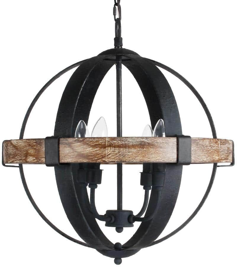 Flint GARDEN Farmhouse 4-Light Black Wood Orb Candle Chandelier Hanging Pendant Light