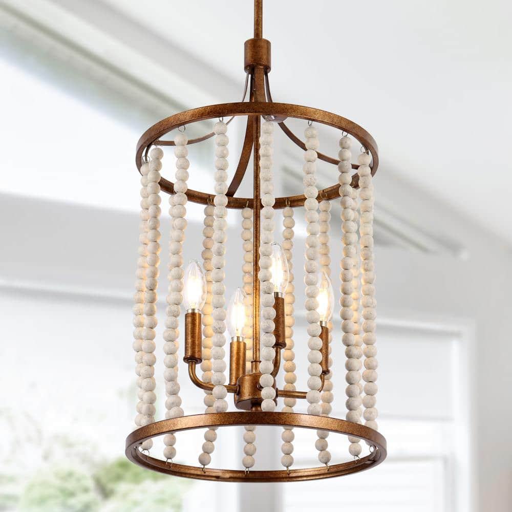 Uolfin Farmhouse Kitchen Island Pendant Light, 4-Light Antique Gold Drum Lantern Chandelier with Distressed White Wood Beads