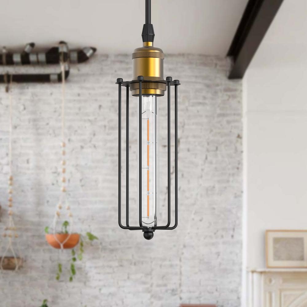 YANSUN 1-Light Black Cage Vintage Mini Pendant with Gold Socket and Metal Shade Hanging Light for Dining Table Kitchen Island