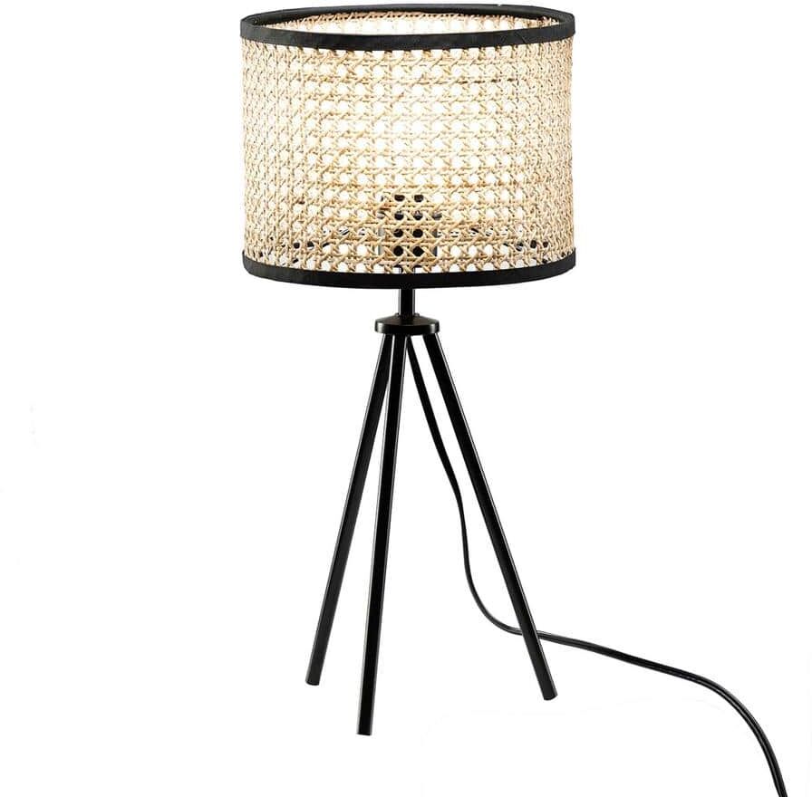 Jushua 1-Light 21 in. Black Metal Legs and Rattan Woven Lampshade Table Lamp, Bedside Lights, Nightstand Lamps