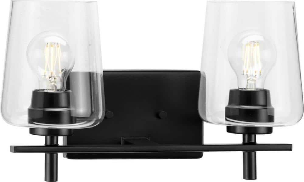 Progress Lighting Calais 14.62 in. 2-Light Matte Black Vanity Light with Clear Glass Shades New Traditional for Bath and Vanity