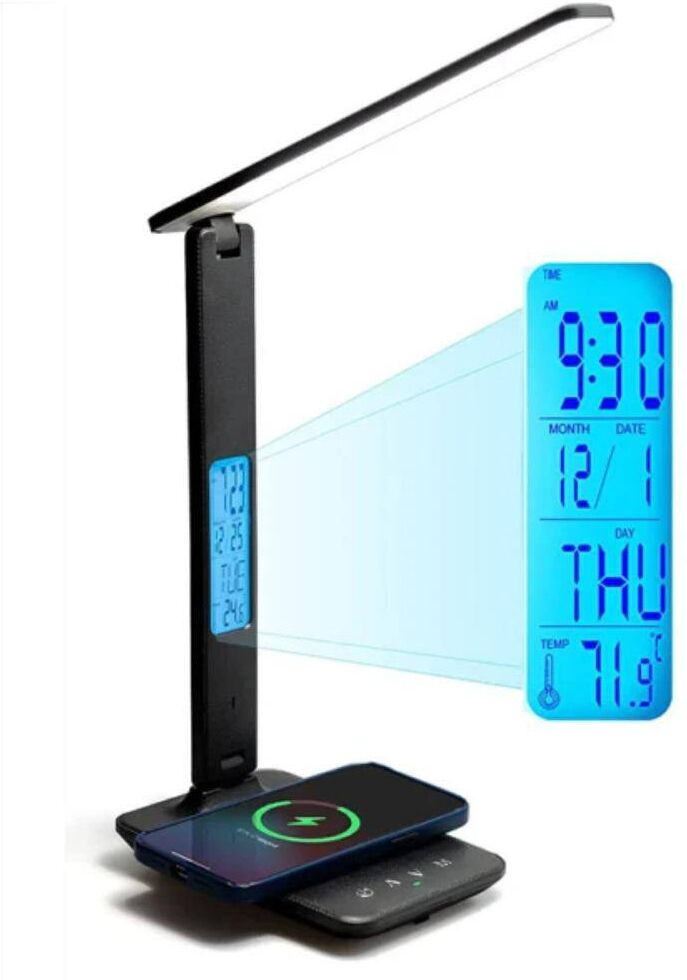 Etokfoks Wireless 13 in. LED Desk Table Lamp with Calendar Display Screen and Charging Dock for Phone, Black