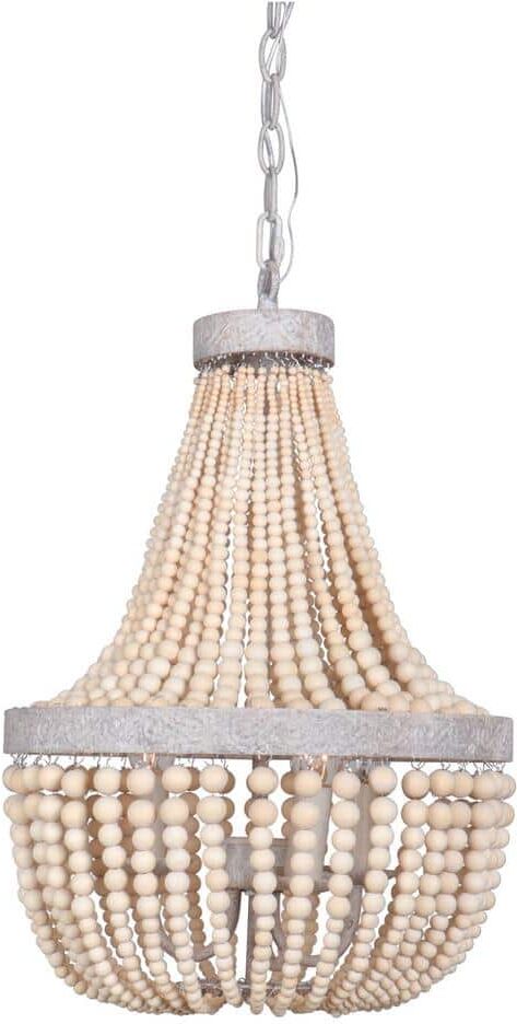 Flint GARDEN 3-Light Empire Distressed White Wood Beaded Chandelier Hanging Pendant Light