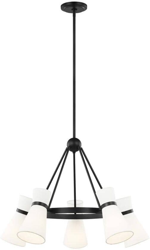 Generation Lighting Clark 5-Light Midnight Black Chandelier With White Linen Shades and LED Light Bulbs