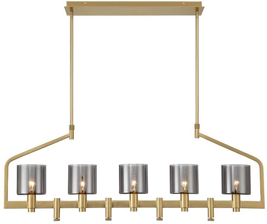 Eurofase Decato 5-Light Brushed Gold Linear Chandelier with Smoke Glass Shades