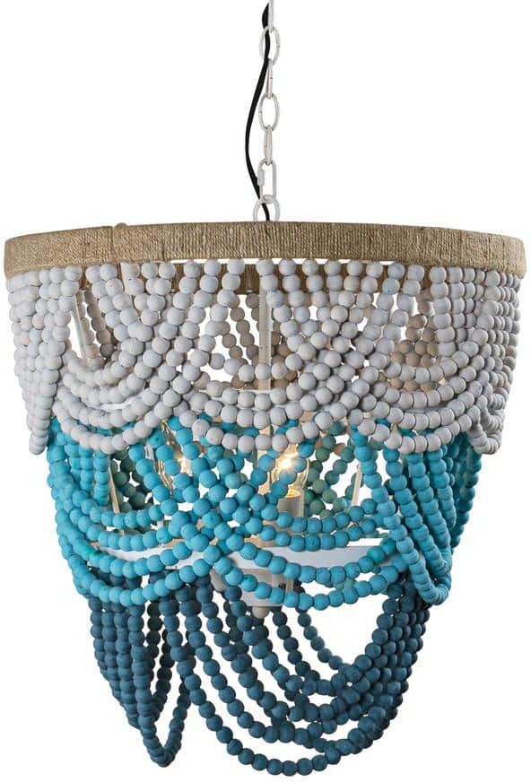 Flint Garden Modern 4-Light Jade Ombre Tiered Boho Chandelier with Wood Beads and Rope for Living Room, Dining Room