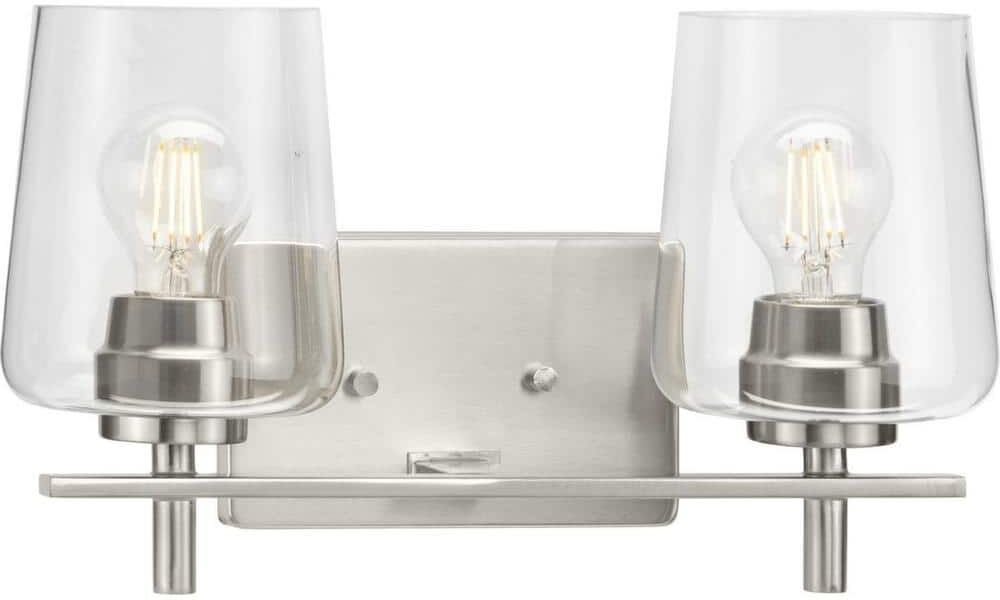 Progress Lighting Calais 14.62 in. 2-Light Brushed Nickel Vanity Light with Clear Glass Shades New Traditional for Bath and Vanity