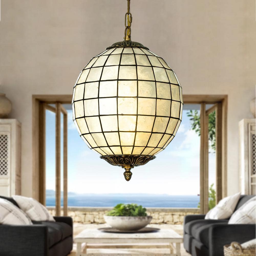 ALOA DECOR 1-Light 12 in. Vintage Mid Century Natural Capiz Shell Chandelier Antique Brass French Country Globe Lantern Pendant