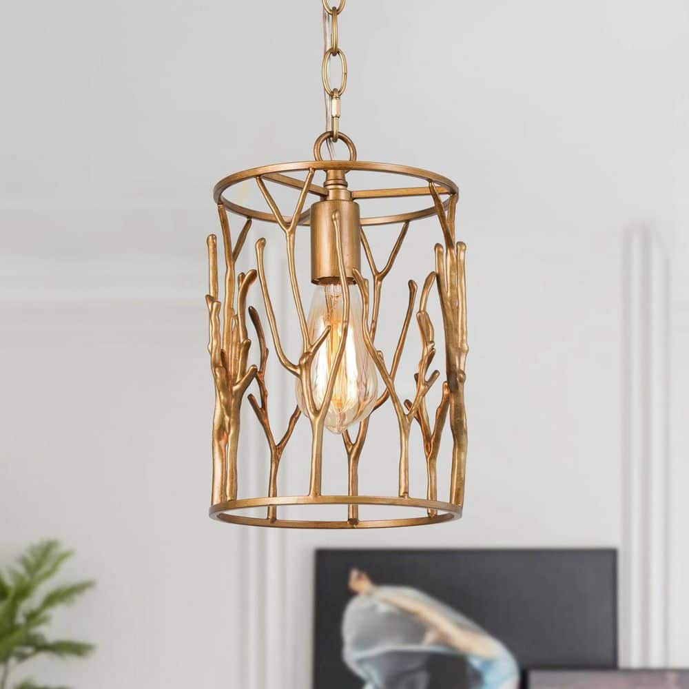 LNC Brushed Vintage Gold Drum Pendant 1-Light Cylinder Bedside Hanging Light Decorative Chandelier for Dining Room Entryway