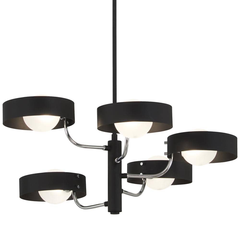 George Kovacs Lift Off 5-Light Sand Black and Polished Nickel Cluster Chandelier with Etched Glass Globe Shades