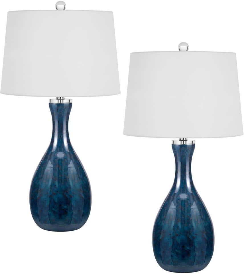 CAL Lighting 28 in. H Antique Blue Luster Glass Table Lamp Set with Drum Shade and Matching Finial (Set of 2)