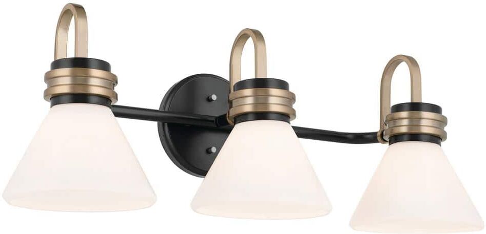 KICHLER Farum 26 in. 3-Light Black with Champagne Bronze Modern Bathroom Vanity Light with Opal Glass Shades