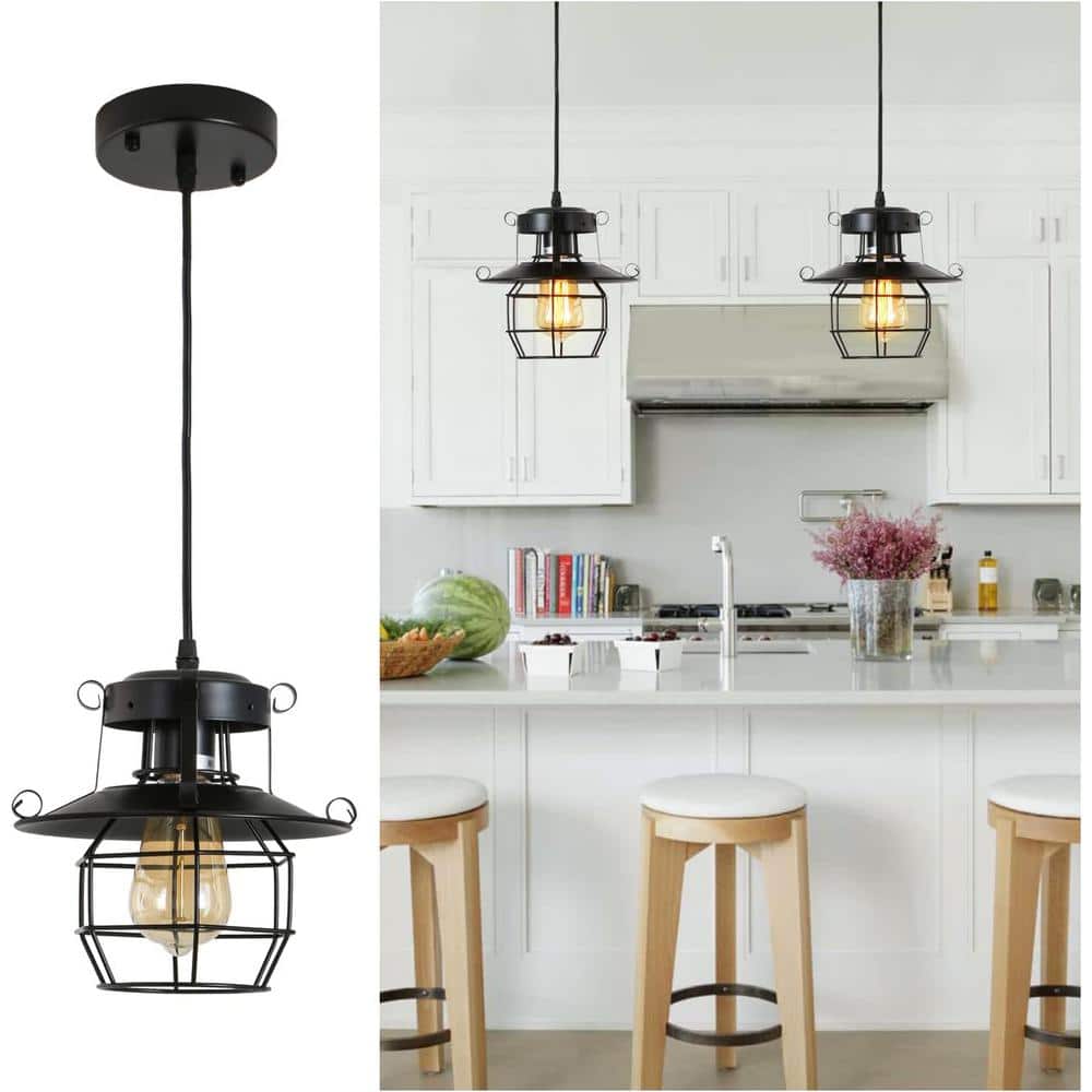 Logmey 1-Light Farmhouse Pendant Light Black Cage Hanging Lamp for Kitchen Island Entryway Bedrooms,Adjustable Height