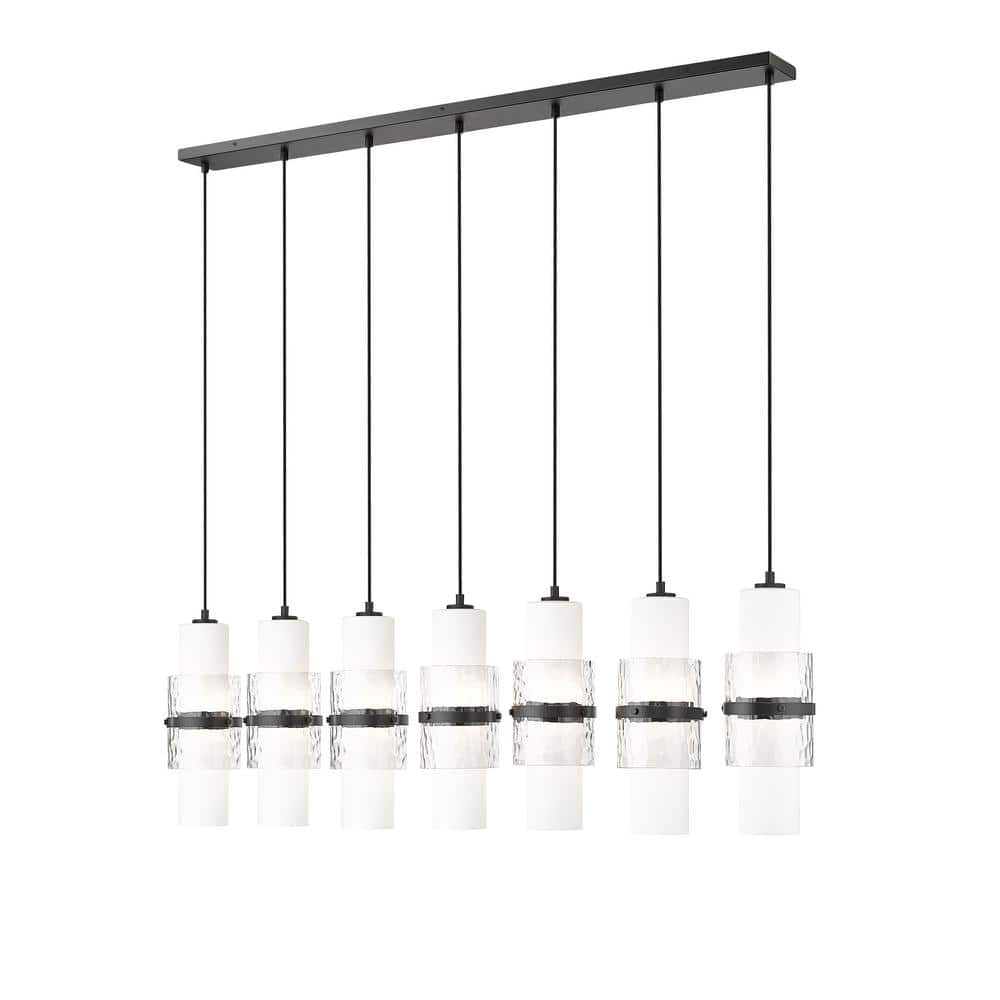 Cayden 54 in. 7-Light Matte Black Linear Chandelier with Clear Plus Etched Opal Glass Shades
