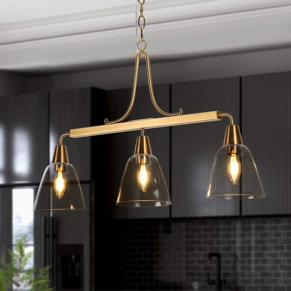 LNC Minimalist Modern 3-Light Brass Linear Chandelier with Classic Bell Clear Glass Shades Island Pendant for Dining Room