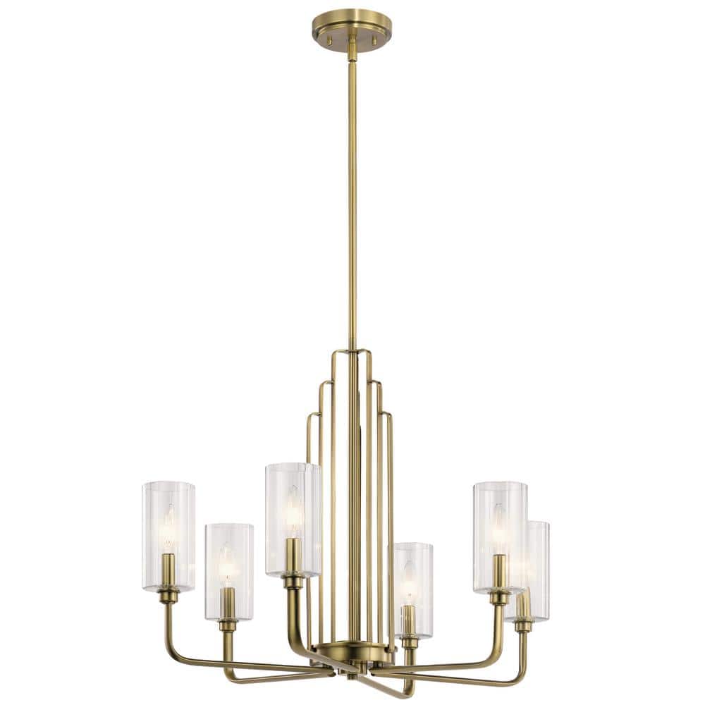 KICHLER Kimrose 27 in. 6-Lights Brushed Natural Brass Art Deco Candlestick Cylinder Chandelier for Dining Room