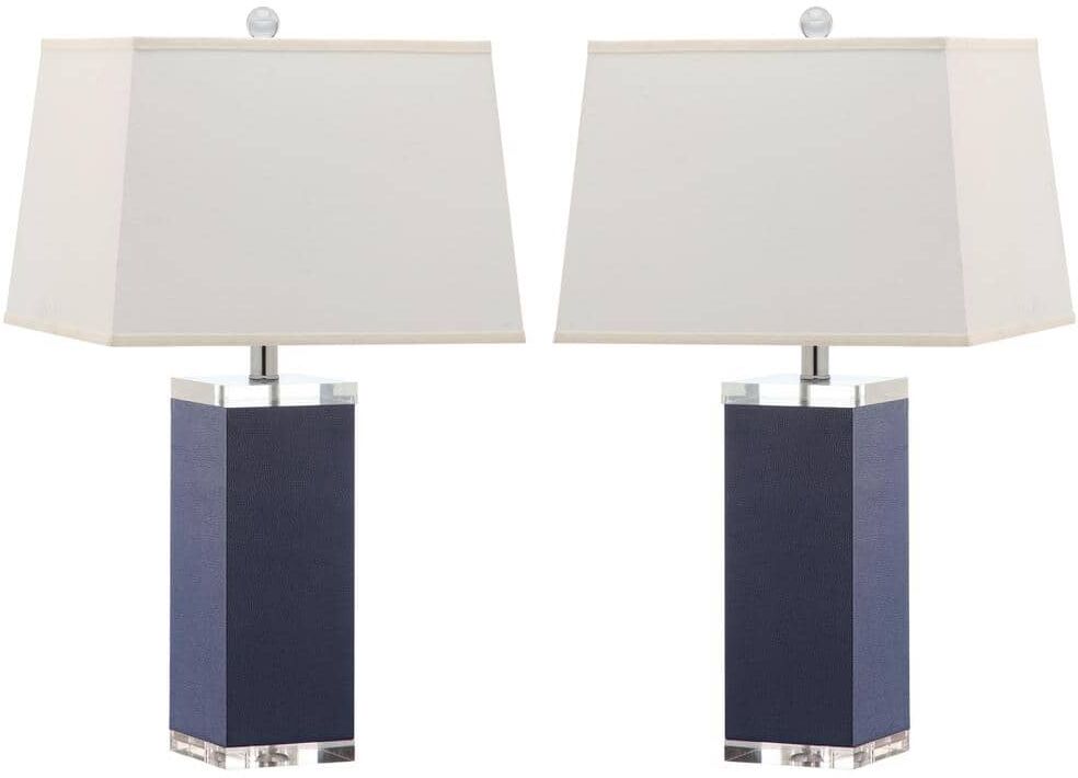 SAFAVIEH Deco Leather 27 in. Navy Table Lamp with White Shade (Set of 2)