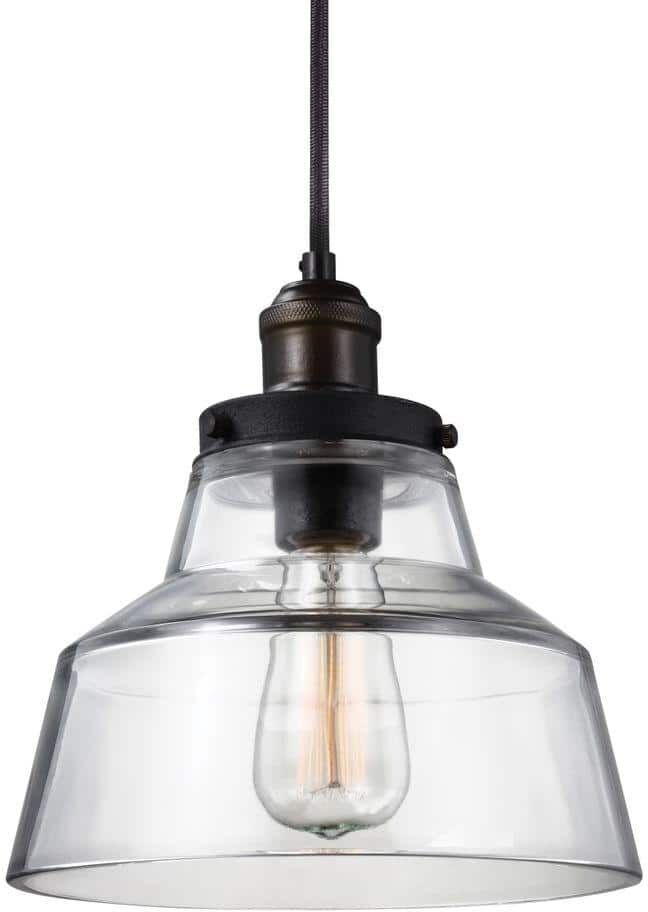 Generation Lighting Baskin 10 in. W 1-Light Painted Aged Brass/Dark Weathered Zinc Rustic Clear Glass Bell Shaped Pendant with Cloth Cord