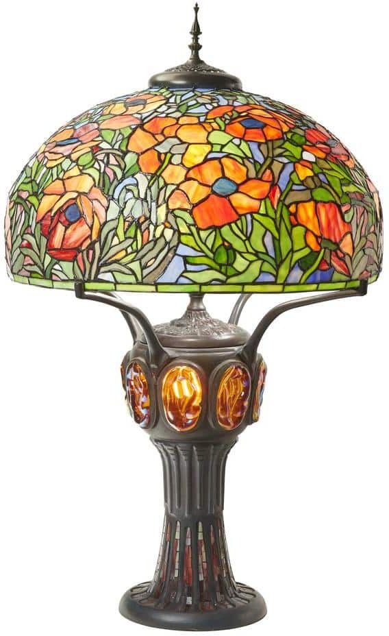 River of Goods Emma 36 in. Antique Bronze and Multi-Color Tiffany-Style Poppies Stained Glass Table Lamp