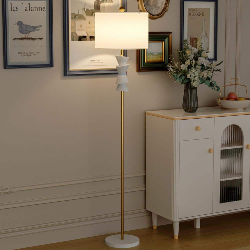 Maxax Chicago 68 in. Gold White Marble Modern Art Deco 1-Light Standard Floor Lamp with White Linen Shade