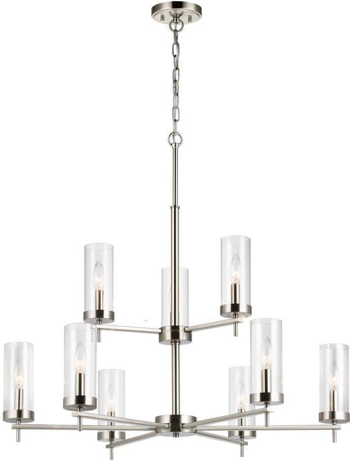 Generation Lighting Zire 9-Light Brushed Nickel Modern Minimalist Dining Room Hanging Candlestick Chandelier with Clear Glass Shades