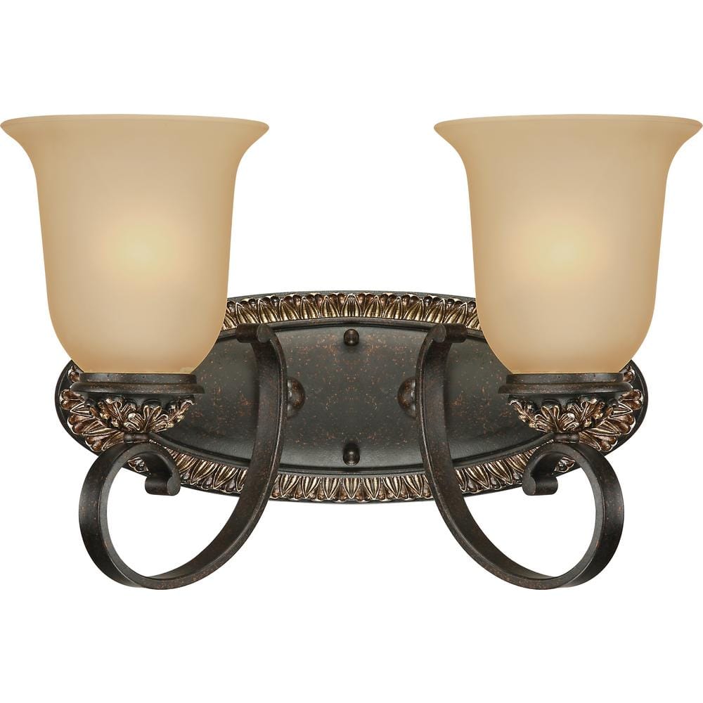 Volume Lighting Bristol 2-Light Indoor Vintage Bronze with Antique Gold Bath or Vanity Wall Mount with Sepia Glass Bell Shades