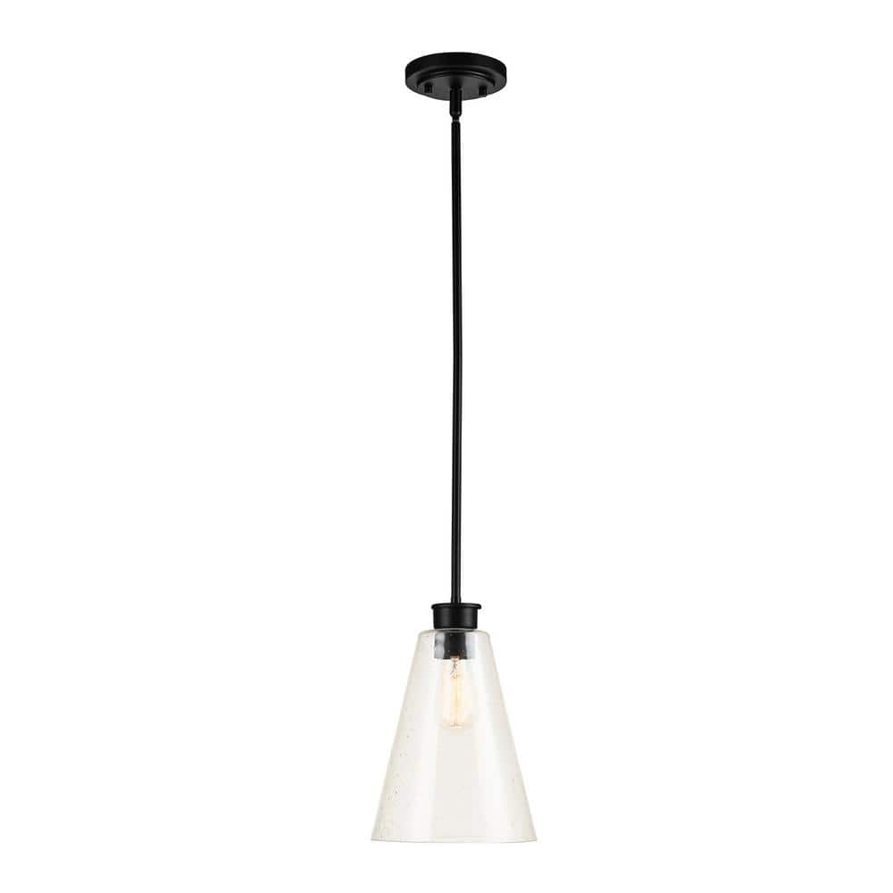 Globe Electric Gizele 1-Light Matte Black Pendant Light with Seeded Glass Shade, Vintage Edison Incandescent Bulb Included