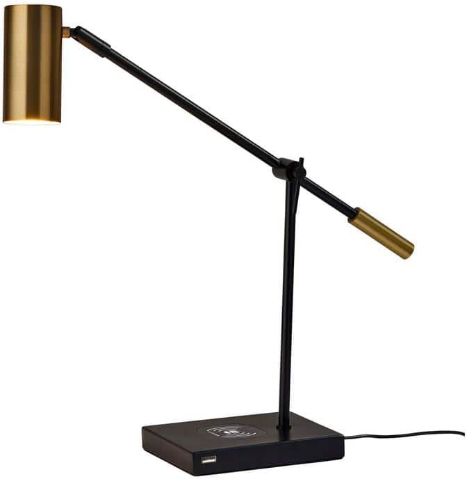 Adesso 22. in. Black/Antique Brass Collette Qi Wireless Charging LED Desk Lamp