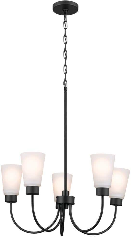 KICHLER Erma 24 in. 5-Light Black Traditional Shaded Circle Dining Room Chandelier with Satin Etched Glass Shades